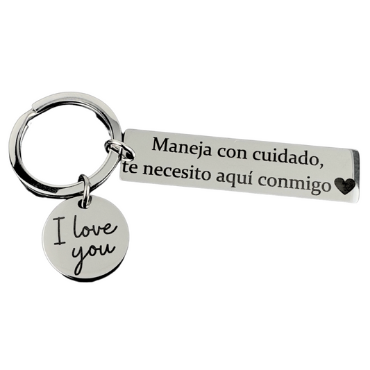 Llavero Maneja Con Cuidado de Acero Inoxidable Fino